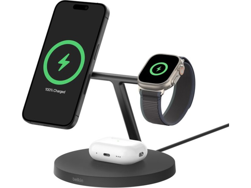 Belkin 3-i-1 Qi2 15W Ladestativ (sort) Trådlös laddare