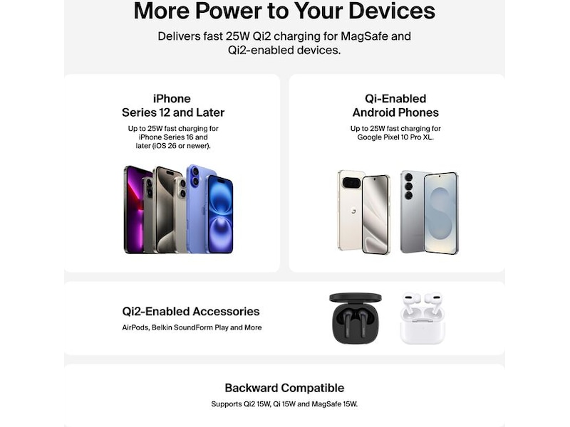 Belkin UltraCharge magnetisk laddplatta 25W Qi2 med stativ Trådlös laddare