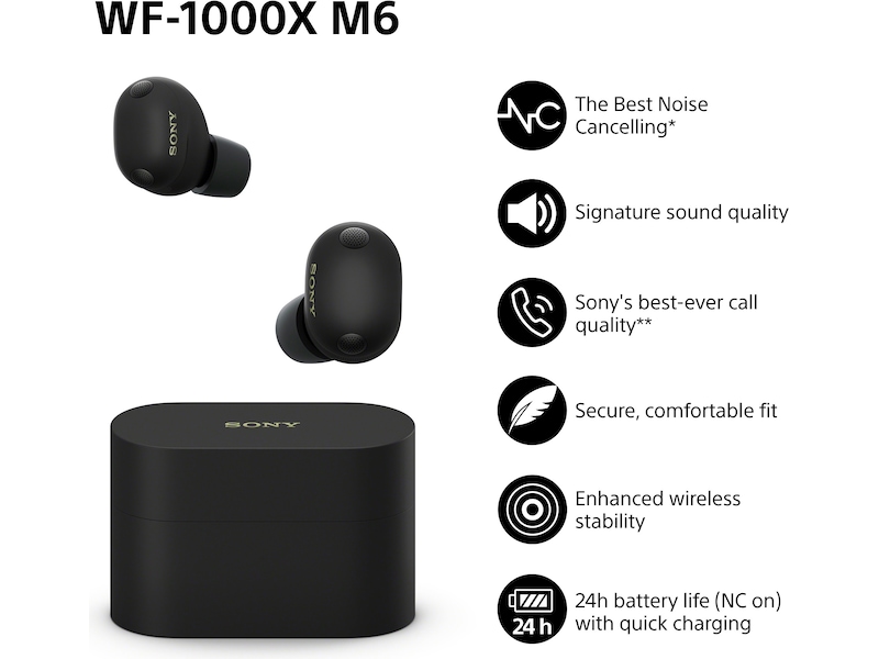 Sony WF-1000XM6 trådlösa öronproppar med brusreducering (svart) In-ear hörlurar