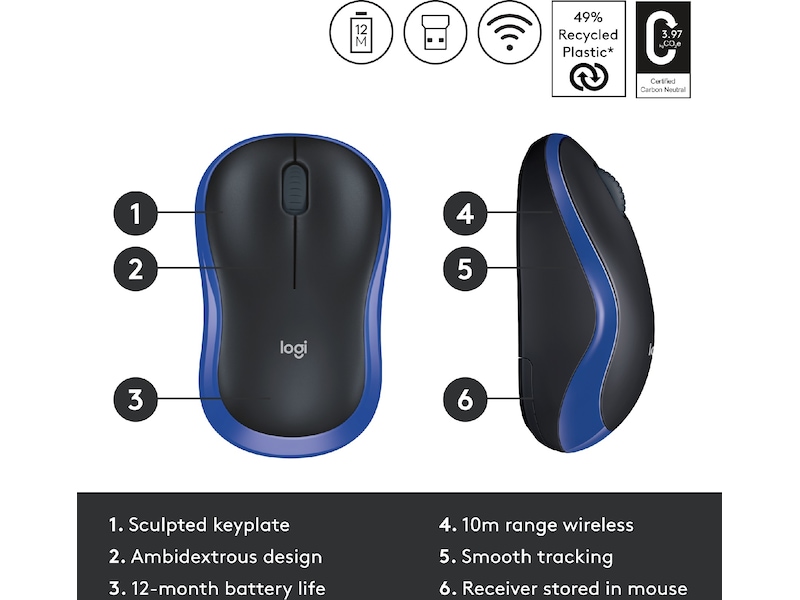 Logitech M185 Trådlös Mus Blå Mus